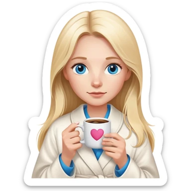 girl
blue eyes
long blond hair
wearing housecoat
holding a white mug of coffee that says mom
wearing rose gold apple watch  sticker