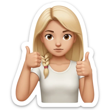 Girl with one hand clearly showing thumbs up gesture and other hand clearly showing thumbs down gesture, distinct opposing hand signals, mixed feelings facial expression sticker