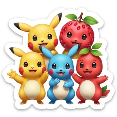 Three Pokémon characters showing kindness and teamwork. One Pokémon is handing a berry to another, while the third Pokémon is cheering and clapping happily. They look joyful and friendly, standing close together in a bright, colorful cartoon scene. The style is cute, playful, and emoji-like. sticker