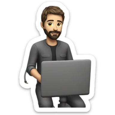 3d artist with beard sit on the PC with graphic tablet sticker