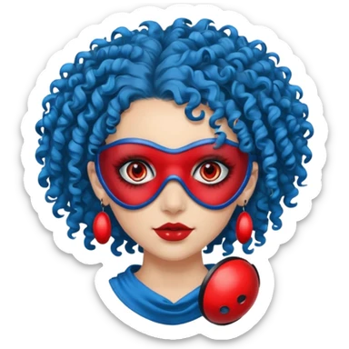 blue curly haired girl with huge earrings, wearing red paintball eye mask, sticker
