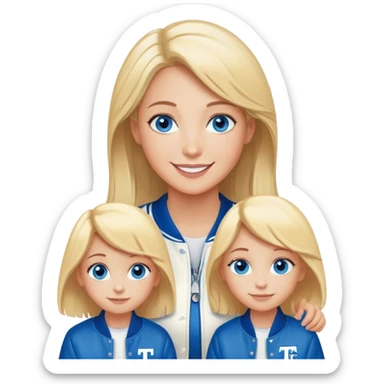 smiling mother in letterman jacket Blue eyes, Name is Tini, two Little girls blond and Blue eyes sticker