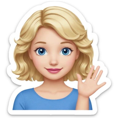 Girl Blonde short wavy hair,  blue eyes, cute blue top, long lashes, pink lips, smiling, one hand 🤷🏼‍♀️  sticker