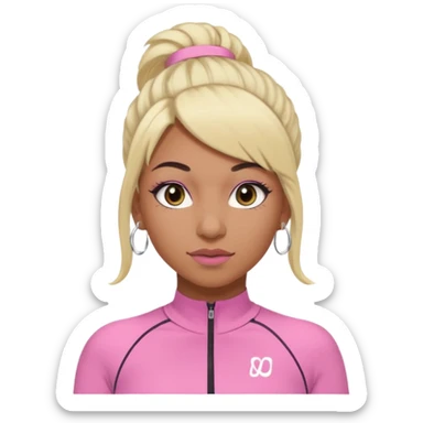 crée moi une jeune adulte brownskin au yeux brider marron foncer et une perruque blonde avec des baby hairs , un ensemble lululemone rose percing au nez et les oreilles remplis un petit full face de londonniennes des gros faux cils bien charger  sticker