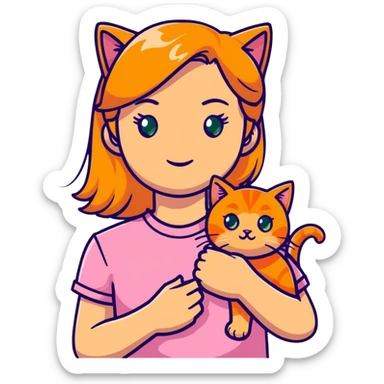 Blonde Woman with green eyes pink shirt holding an orange tabby cat sticker