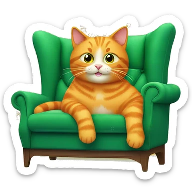 A happy orange cat sits on a green sofa, holding a tablet, with a large screen showing colorful patterns in the background. sticker