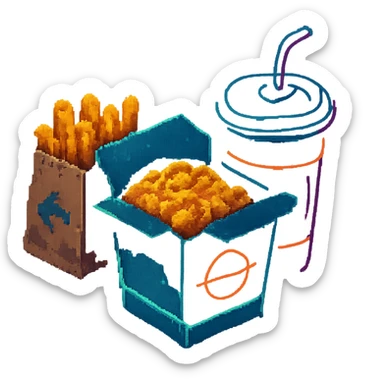 cyberpunk futuristic, 3d isometric, item image, video game item, inventory icon, the image depicts a small box of takeout, takeaway, chinese takeout food, delivery food. futuristic drive-through, fries, bag and drink. dystopian. pixelated retro video game graphics. a simple and basic classic traditional single box of asian takeout sticker