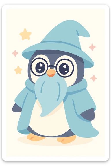 a chubby penguin wizard with glasses, a long beard, and a blue cloak, in a fantasy illustration style sticker