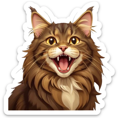 Cinematic Cute Dark Brown Maine Coon Cat Portrait Emoji, Head tilted playfully and yawning, sleek deep brown and gold tones with subtle hints of black, Simplified yet adorable features, highly detailed, glowing with a warm, friendly glow, high shine, curious and affectionate, stylized with a touch of whimsy, bright and alert, soft glowing outline, capturing the essence of a mischievous yet loving kitten, so endearing it feels like it could leap out of the screen and stretch with its fluffy tail swishing! sticker