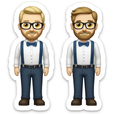 two groom, one with a dark beard and glasses and the other lighter beard with light hair and white skin. both same skin tone, wearing white shirts with blue suspenders and bowties sticker