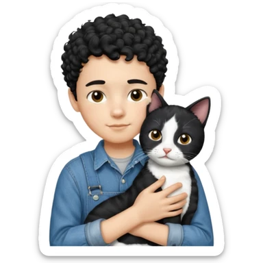 Apple emoji of a 13 year old boy with short black curly hair and dark brown eyes of light skin with denim shirt and overalls hugging a black and white cat sticker