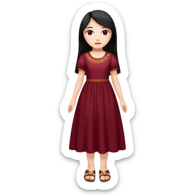 Chica blanca ,ojos marrones, vestido granate largo,manga corta,  cuerpo entero ,pelo negro y largo sandalias sticker