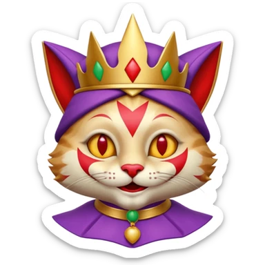 crazy colorful cute little cat jolly joker from poker, medieval, vintage, court jester, mac os icon, purple, gold and red color, half body. Squared shape as 3D mac os icon, skeuomorphic sticker