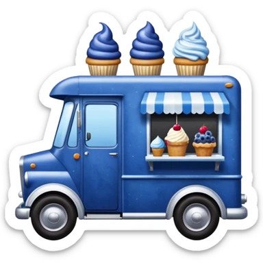 shiny-dark-blue crystal-bodied frozen blueberry muffin, pie, and ice cream, antique long-wheelbase cab over durable-looking food truck  sticker