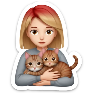 Une femme avec les cheveux dégradée, châtain et blond, qui fait un câlin à son chat gris, tigré avec des reflets roux sticker