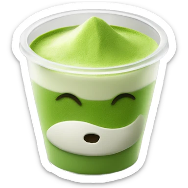 Creamy coconut matcha - no face - placed in a transparent cup topped with few matcha powder sticker