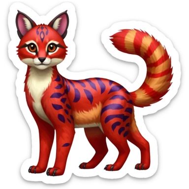 Vibrant-colored red-furred colorful painted marked patterned Asian glorious divine exotic cute cool beautiful shiny beautiful fantasy-caracal-civet-genet-sergal-vernid-Cacomistle-oncilla-animal-Fakémon-hybrid-fursona (full body) sticker