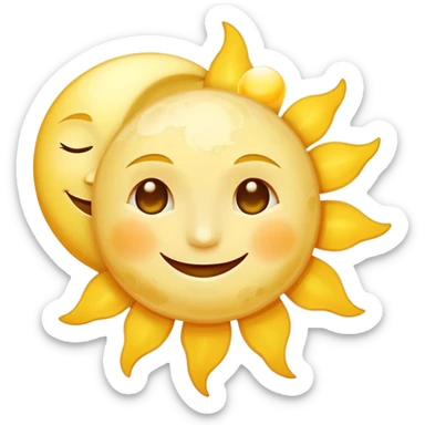 a really bright  big sun and a small moon who shines because of it. the sun is bigger and the tiny \moon bright too beside it smiling sticker