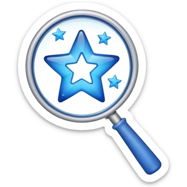 A simple blue left hand holding a magnifying glass which is showing blue stars sticker