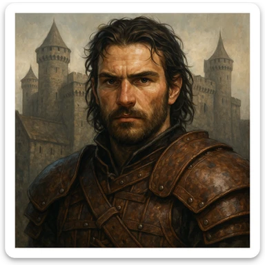 portrait of a warrior in leather armor, close-up face, direct look, medieval castle background, Game of Thrones inspired, DnD style, ArtStation quality, detailed illustration sticker