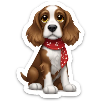 cocker spaniel brown with white paws dog wearing red bandana with black paw prints on it  sticker