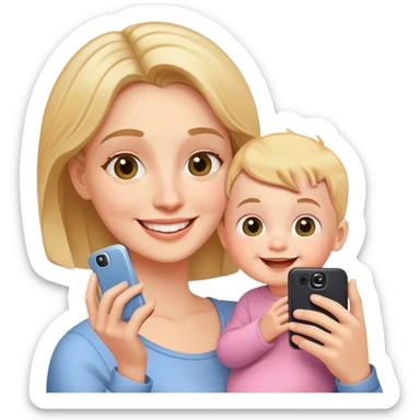 happy mother holding phone taking selfie with smiling baby sticker