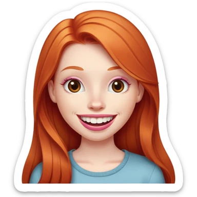 Young girl with pale skin, longer face, full pink lips smiling with big teeth, very long straight ginger red hair (no blonde at all), big brown eyes, bigger nose, big mouth sticker