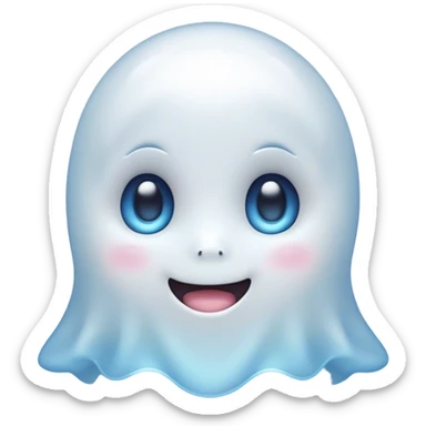 Cinematic Cute Ghost Portrait Emoji, with a playful, rounded translucent form in soft pastel whites and blues, featuring large, sparkling eyes and a gentle, mischievous smile, simplified yet irresistibly endearing, highly detailed with a soft glowing outline that captures the charm of a friendly spirit ready to float into your heart! sticker