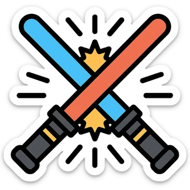 blue and red lightsabers colliding at the center, energy burst and motion streaks sticker