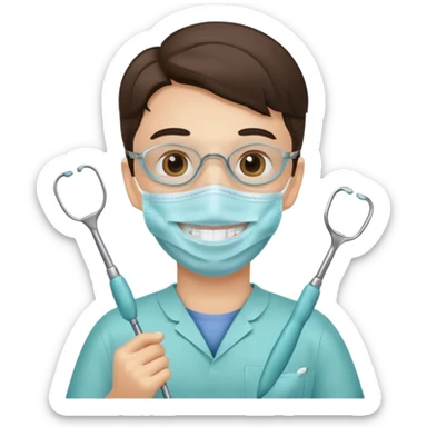 dentist with mask, holding dental tool sticker