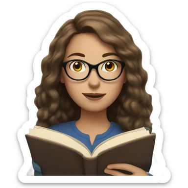 White woman with glasses, long brown hair and blue eyes reading a book sticker