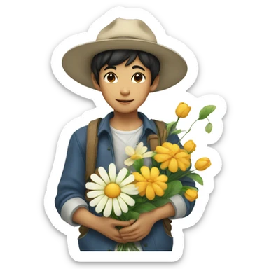 artful dodger white asian boy holds various flowers sticker
