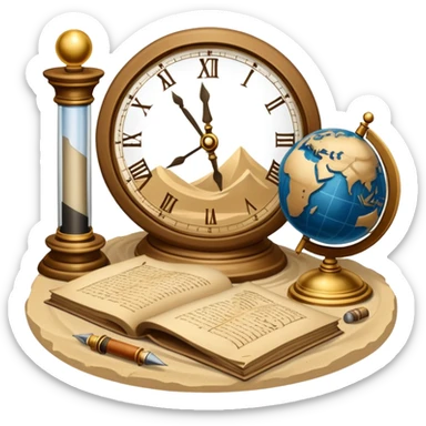 An icon featuring ancient scrolls, a quill pen, and large, old-fashioned sand clocks, symbolizing the study of history. The design includes a globe and a timeline with significant historical events, set against ruins to evoke past civilizations. Transparent background highlights the passage of time. sticker