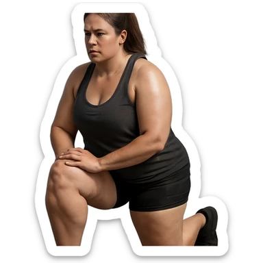 hyper realistic 4K woman doing lunges, fat on thighs and legs, normal physique, muscular details, effort atmosphere sticker