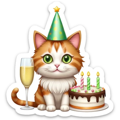 tricolor fluffy cat with big green eyes celebrating her birthday with a cake and champagne sticker