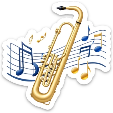 Create an elegant and artistic emoji that represents music arrangement and orchestration. The design should feature a conductor's baton, musical scores, and various orchestral instruments (drums, violin, trumpet, electric guitar, synthesizer). Incorporate flowing lines to represent harmony and orchestral balance, along with a subtle representation of sheet music. Use rich, classical colors like gold, silver, or deep blue, and create an atmosphere of sophistication and precision. The background should be transparent. sticker