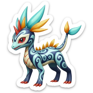 zig-zag-patterned clownish colorful exotic fruity tribal tropical hot swirl-marked Meloetta-Dialga-Salamence-Giratina-Noivern-Pokémon-Fakémon-fusion-hybrid-creature sticker