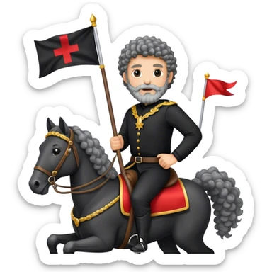 A man with curly hair and a gray beard, wearing black clothes, riding a horse, holding a flag. sticker