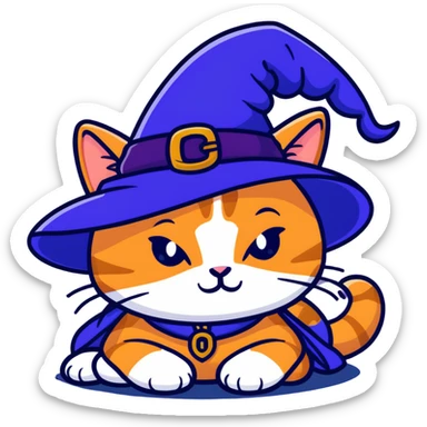 full body ginger tabby cat flopped over on her side wearing an indigo witch hat sticker