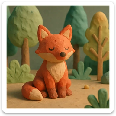 fox sitting in a forest, pastel colors, visible fingerprints, playful and textured, claymation style sticker