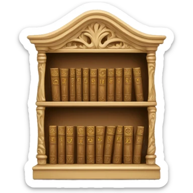 A small wooden bookshelf with an ornate carved design, filled with neatly stacked books in beige and gold accents sticker