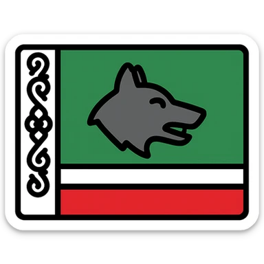 Chechen flag with green background, white and red stripes at the bottom, white patterned stripe on the left, modern icon style, wolf emblem sticker