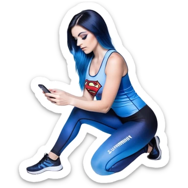 big tears-looking up-exting on phone-very very very large upper body-sexy face-bending forward at waist-very long very straight dark blue to light blue ombre hair-and-blue eyes-thick black eyeliner-thick long eyelashes-iridescent blue lowcut tanktop with black leggings with glitter superman logo sticker