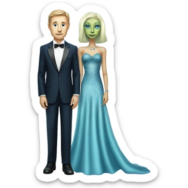 reptilian alien woman, in long slim pastel blue formal party satin dress with gradient shiny sparkling navy blue diamonds embroidered , and caucasian man in black dress sticker