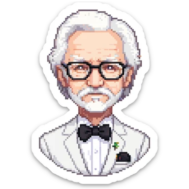 Colonel Sanders KFC, old man with white hair, white goatee, black bow tie, white suit, glasses sticker