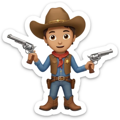 A young cowboy with oversized boots, excited expression, and a tiny toy revolver.
 sticker