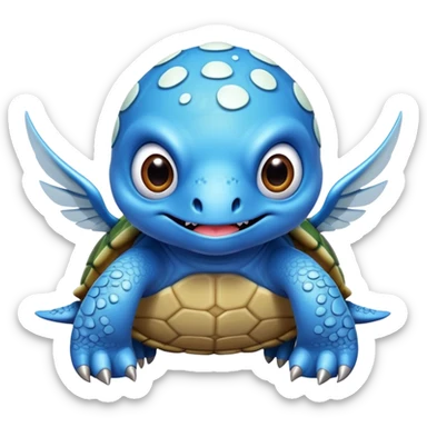 A blue creature with fangs, alien googly eyes, claws, wings, with white dots, and a turtle shell. it looks strong.  sticker