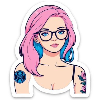 Photo Realistic beautiful woman model, blue eyes and glasses, pink long hair, shoulder tattoo  sticker