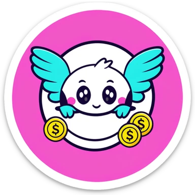 Minimalist sticker with white 'tt' letters on a black circle with cyan, magenta, and yellow dots below, money with wings emoji with street style influence sticker