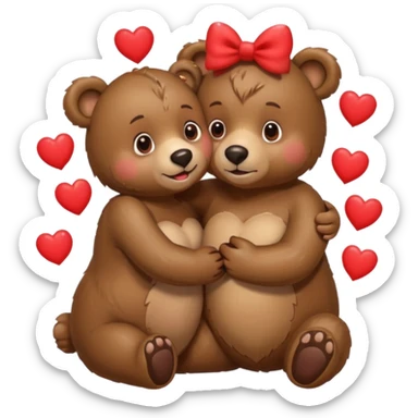 female bear with bow on her head and male bear hugging, couple, surrounded by hearts, playful and loving, cute sticker